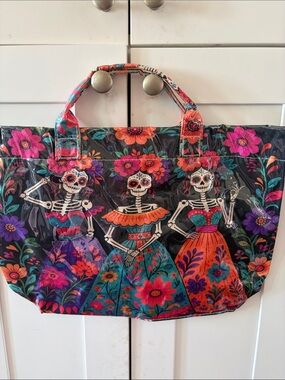 Day of the Dead Floral Skeleton Tote Bag in Black Large 17’wide by15’ tall New